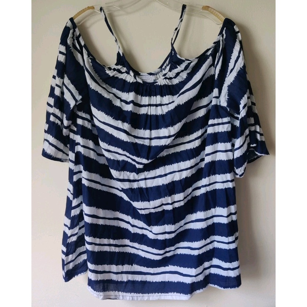 Mudpie Women's Peek-a-boo Shoulder Short Sleeve Striped Top Navy Blue/White Sz L